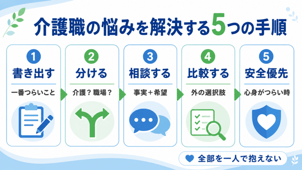 介護職の悩みを解決する5つの手順を説明する画像