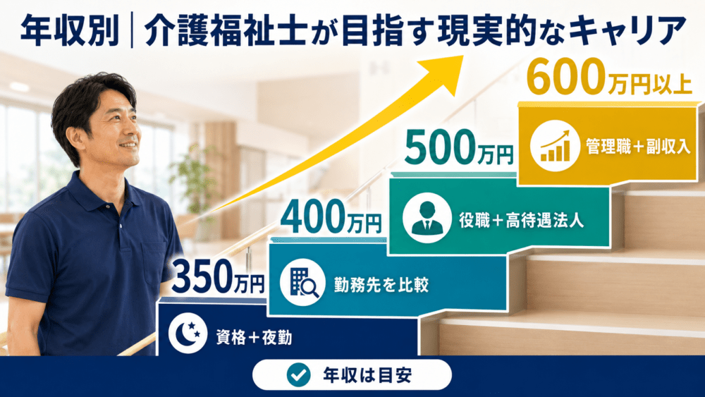 年収別｜介護福祉士が目指す現実的なキャリアを説明する画像