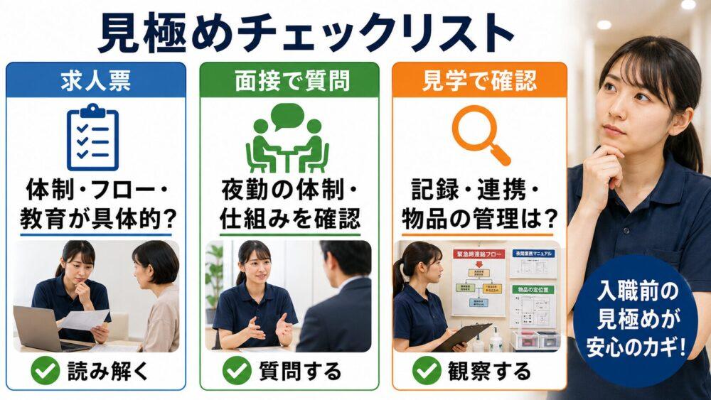 求人票・面接・見学での見極めチェックリストを説明する画像
