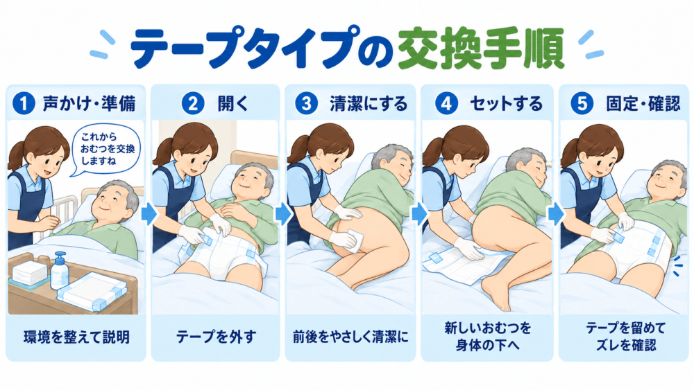 【寝たまま行うテープタイプの紙おむつ交換手順】