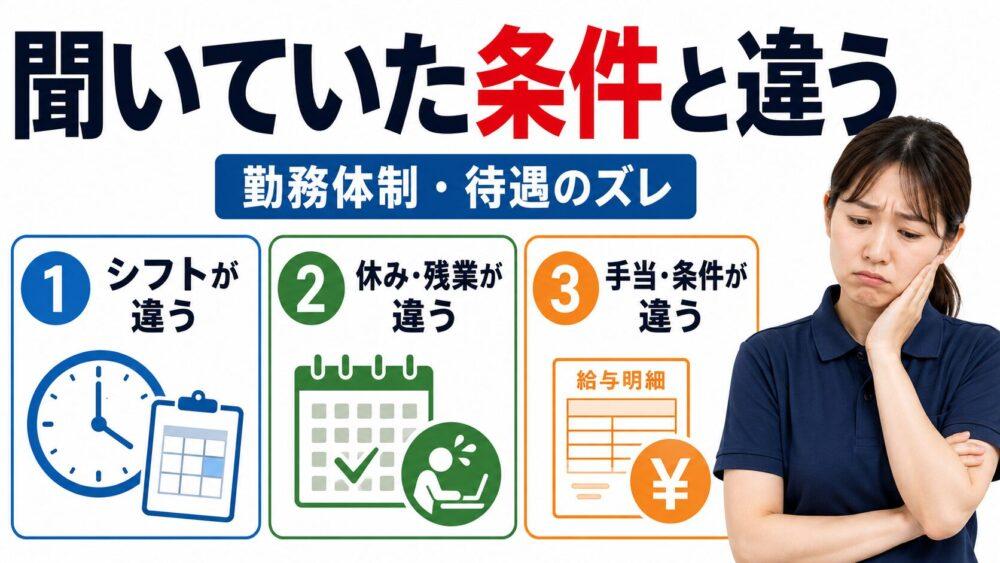入社前に聞いた勤務体制や待遇と違ったを説明する画像