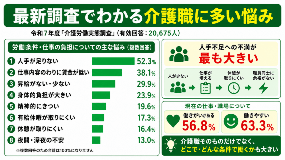 最新調査でわかる介護職に多い悩みを説明する画像