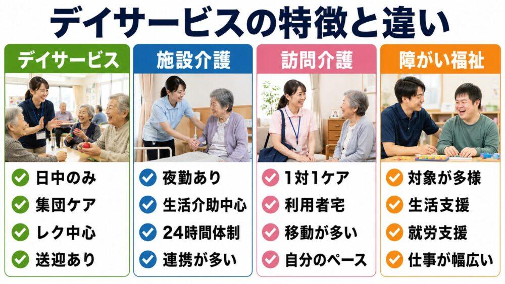 他の介護職と比較してみよう｜施設介護・訪問介護・障がい福祉との違い