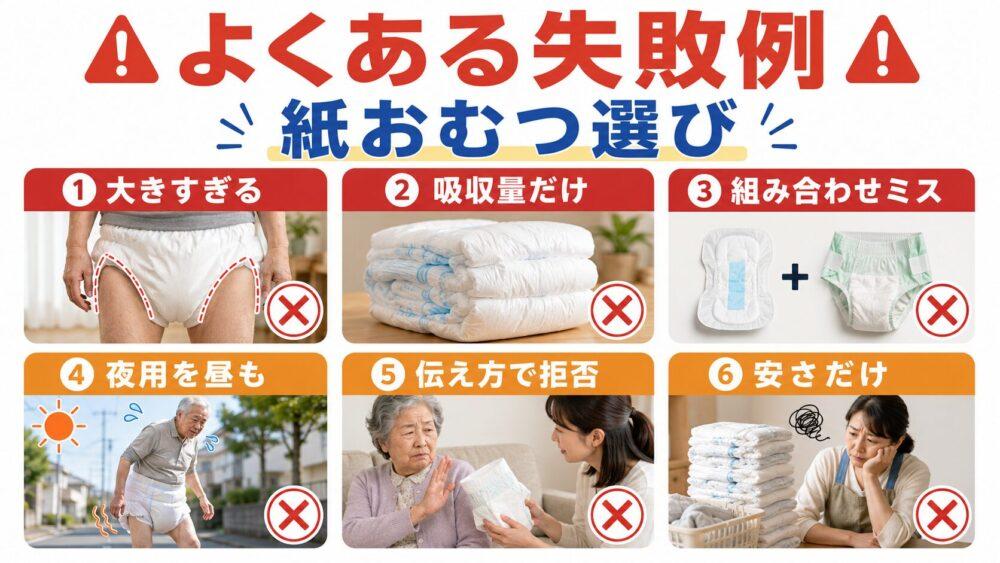 高齢者用・紙おむつでよくある失敗例を説明する画像