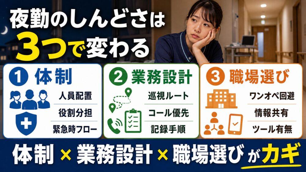 夜勤のしんどさは「体制 × 業務設計 × 職場選び」で大きく変わるを説明する画像