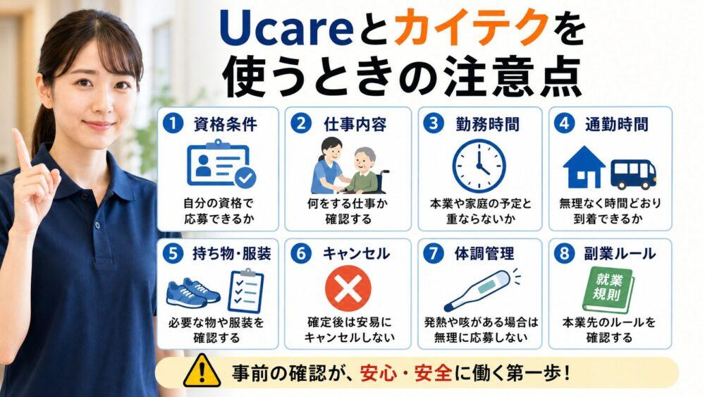 Ucareとカイテクを使うときの注意点を説明する画像