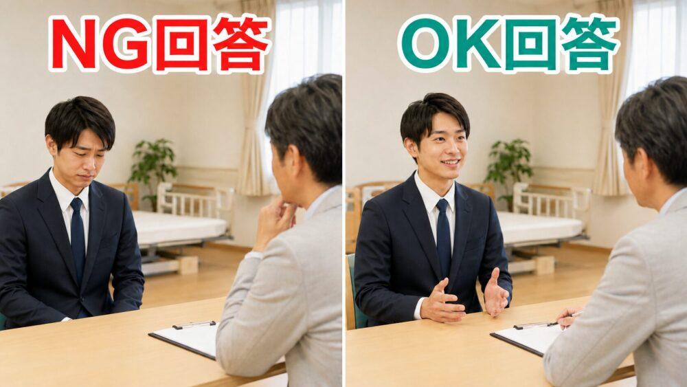 介護職の面接で避けたいNG回答とOK回答を説明する画像