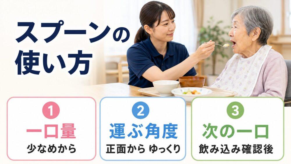 食事介助でのスプーンの使い方を説明する画像
