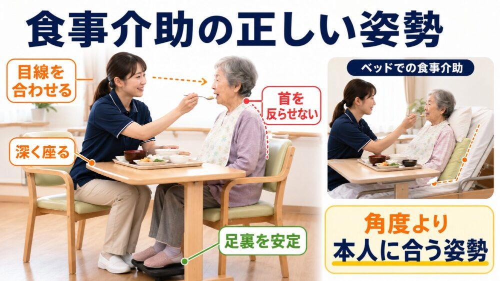 食事介助の正しい姿勢を説明する画像