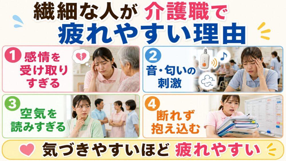 繊細な人が介護職で疲れやすい理由4選を説明する画像