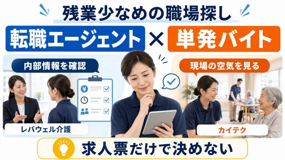 残業が少ない職場を探すなら、転職エージェントと単発バイトを活用することを説明する画像