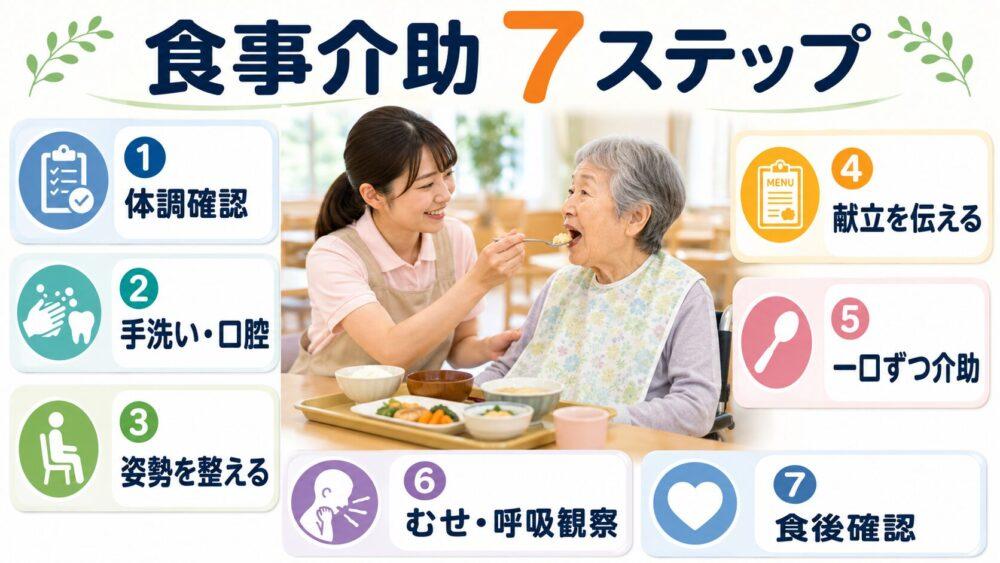 食事介助の基本手順【7ステップ】を説明する画像