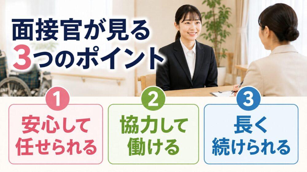 介護職の面接官が見ている3つのポイントを説明する画像