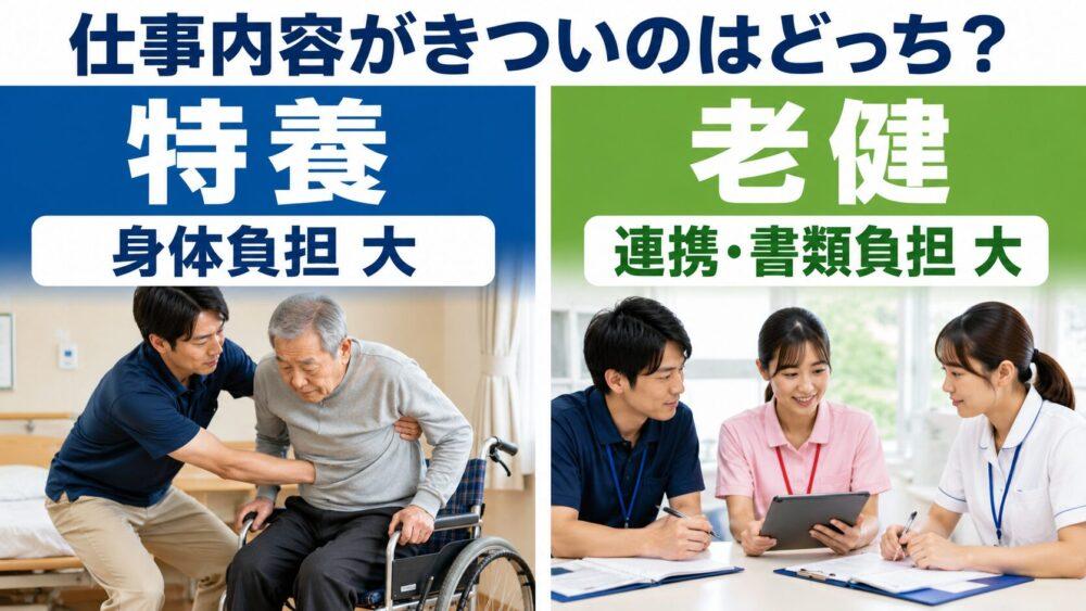 特養と老健、仕事内容がきついのはどっち?を説明する画像