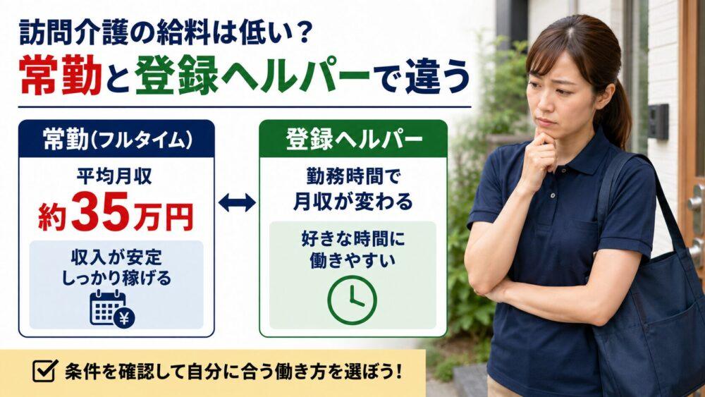 訪問介護の給料は低い？常勤と登録ヘルパーで違うを説明する画像