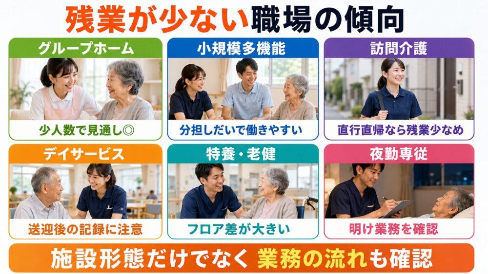 残業が少ない介護施設・事業所の傾向を説明する画像