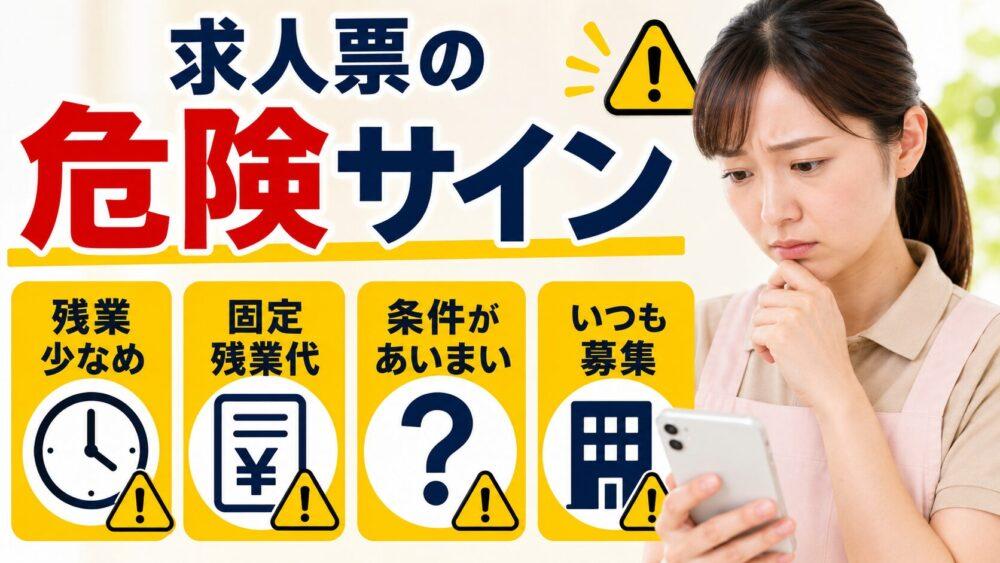 求人票で残業を見抜く「危険サイン」を説明する画像
