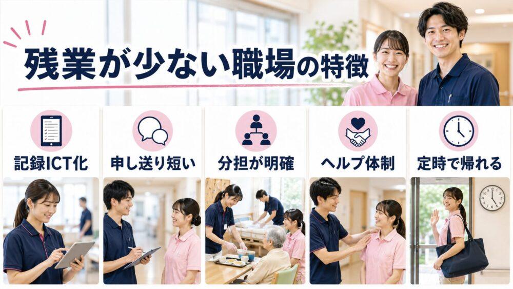 残業が少ない職場に共通する5つの特徴を説明する画像