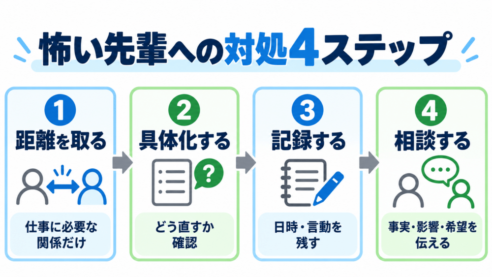 【怖い先輩への対処4ステップ「距離→具体化→記録→相談」】