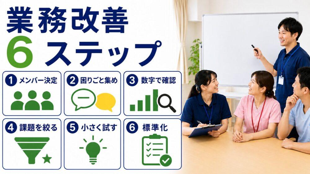 介護施設の業務改善を進める6ステップを説明する画像