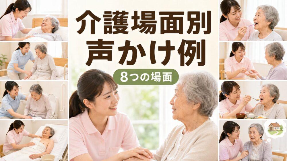 介護場面別の声かけ集を説明する画像