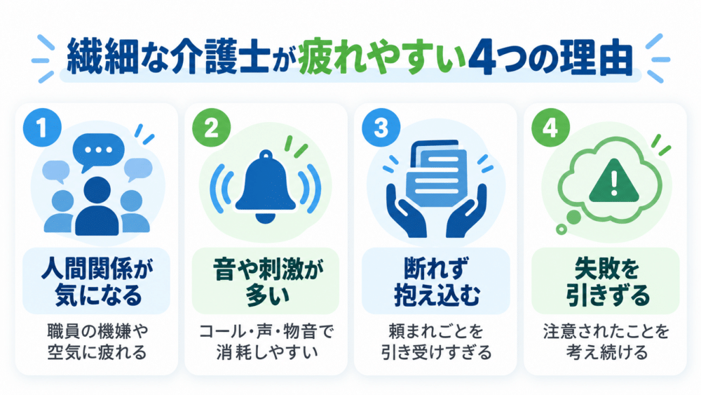 【繊細な介護士が疲れやすい4つの理由】