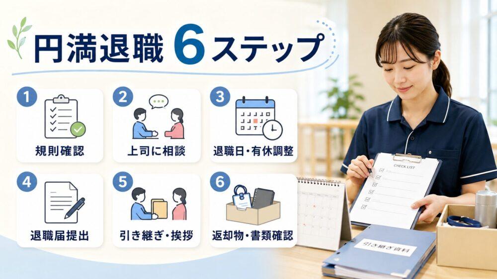 介護職が円満退職するまでの流れ6ステップを説明する画像