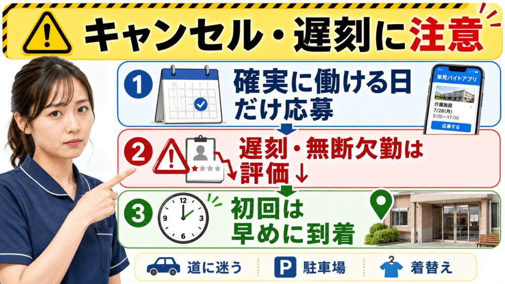 キャンセルや遅刻でペナルティを受ける場合があることを説明する画像