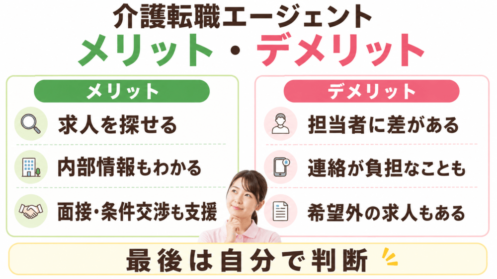 介護転職エージェントのメリット・デメリットを説明する画像