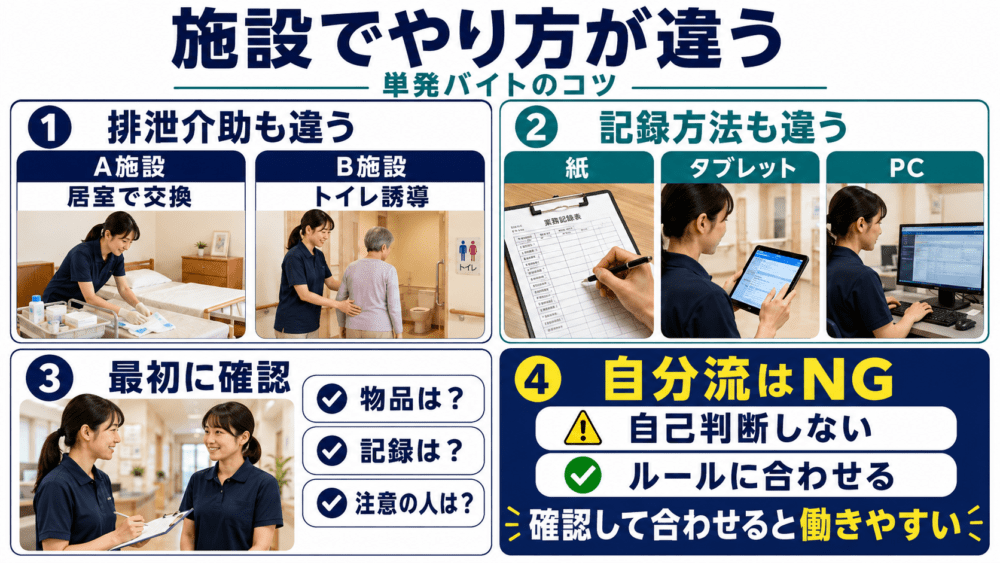 施設ごとに仕事のやり方が違うことを説明する画像
