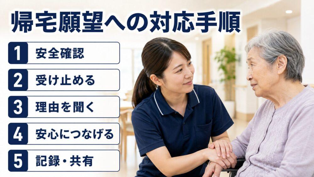 帰宅願望がある方への基本的な対応手順を説明する画像