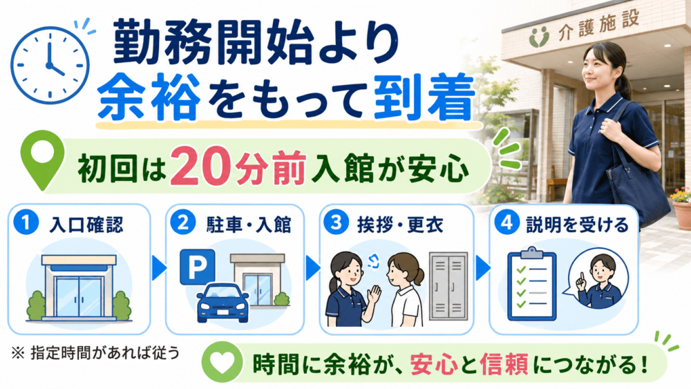 勤務開始時間より余裕をもって到着するを説明する画像