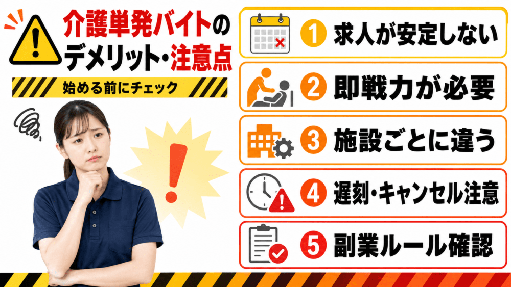 介護職が単発バイトをするデメリット・注意点を説明する図解