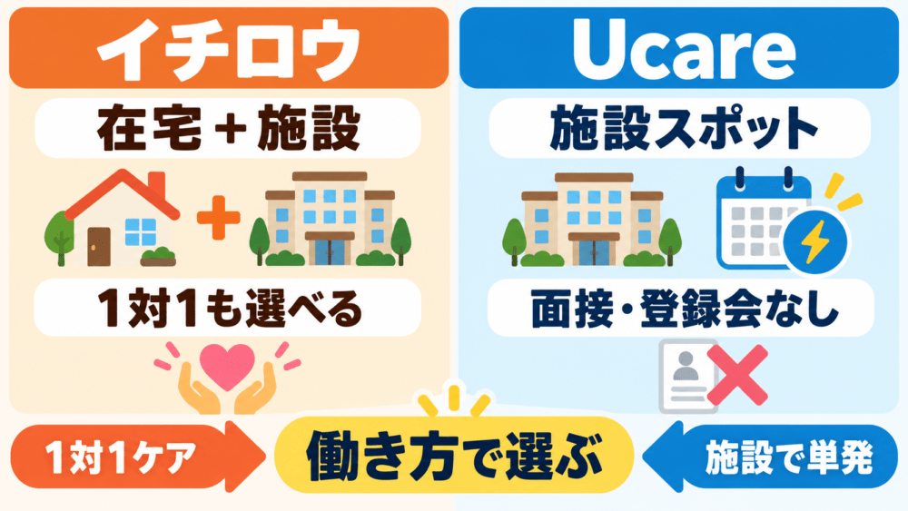 イチロウとUcareの違いを比較｜在宅ケアと施設スポット勤務を説明する画像