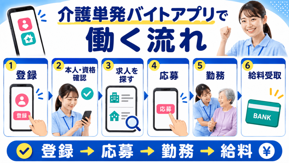 介護単発バイトアプリを使って働く流れを説明する図解