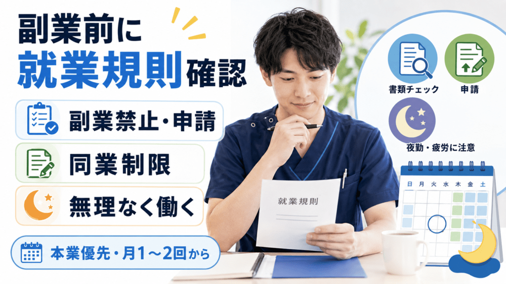 副業禁止の職場では就業規則を確認することを説明する画像