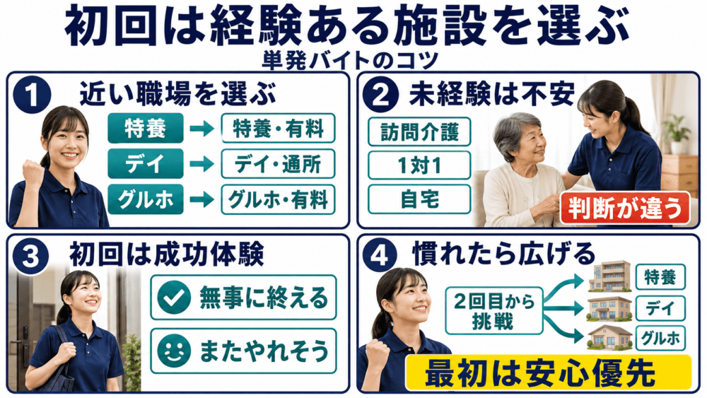 初回は経験のある施設形態を選ぶことを説明する画像