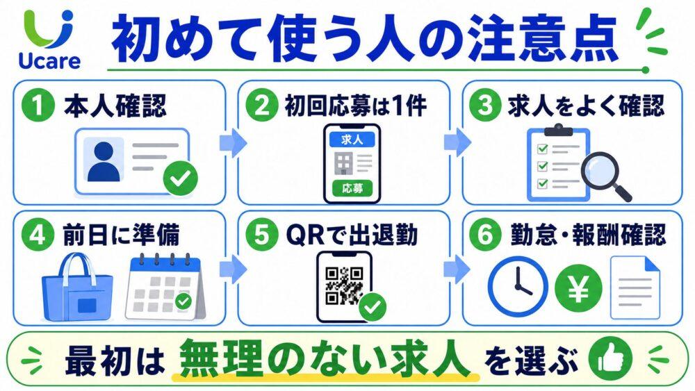 Ucare(ユーケア)を初めて使う人が注意したいことを説明する図解