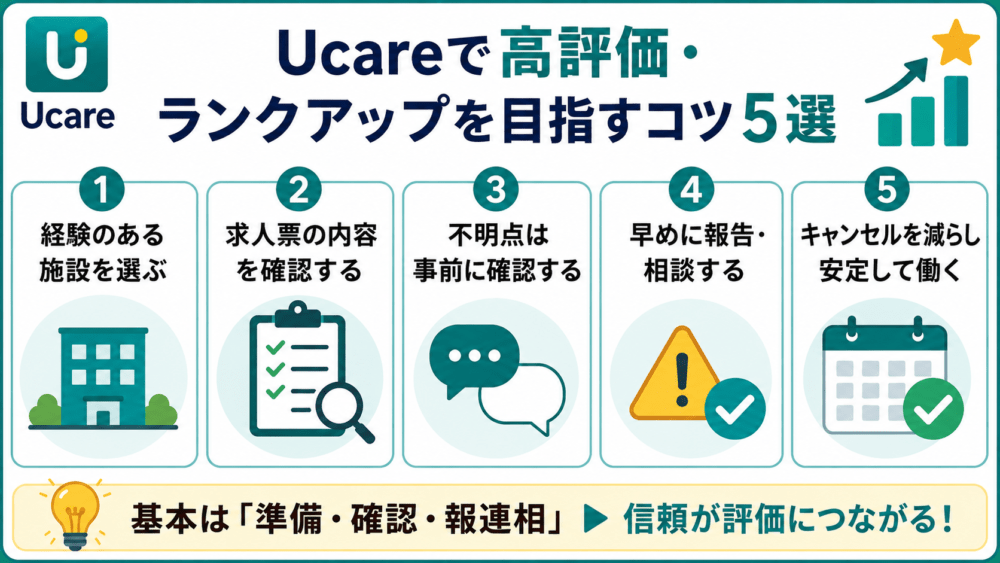 Ucareで高評価・ランクアップを目指すコツ5選を説明する画像