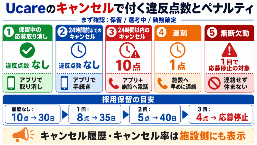 Ucareのキャンセルで付く違反点数とペナルティを説明する画像