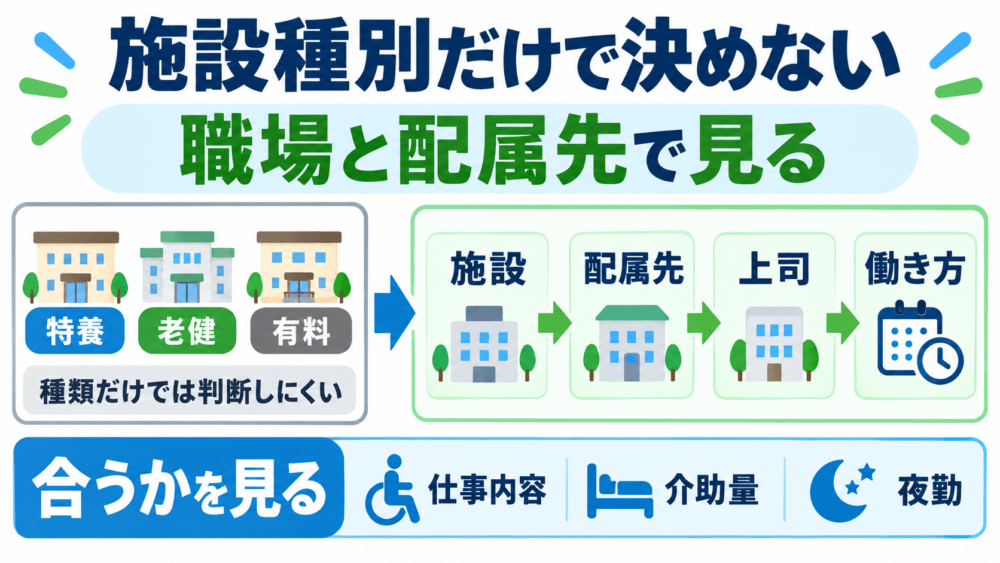 施設種別より「実際の職場と配属先」で判断することを説明する画像
