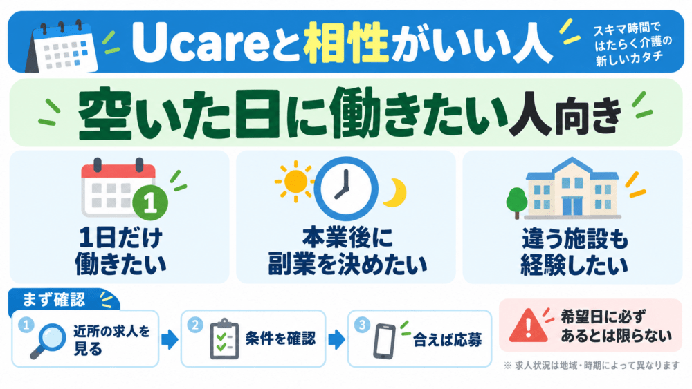 結論｜Ucareは空いた日に介護の仕事をしたい人と相性がいいことを説明する画像