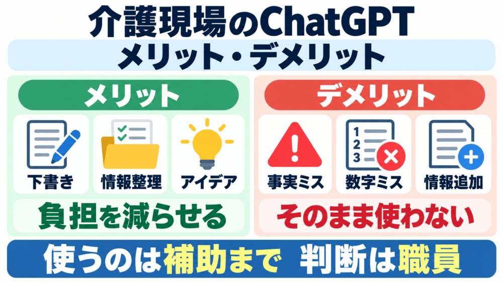 ChatGPTを介護現場で使うメリット・デメリットを説明する画像