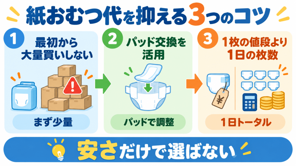 紙おむつ代を抑える3つのコツを説明する画像