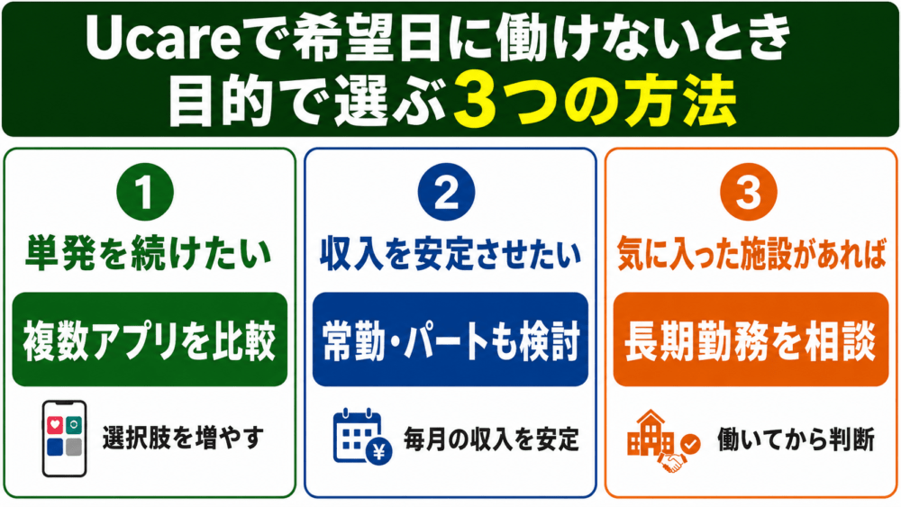 Ucareで希望日に働けないときは目的に合った方法を選ぶを説明する画像