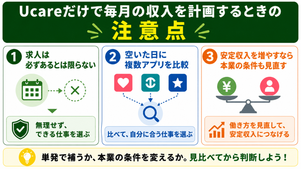 Ucareだけで毎月の収入を計画するときの注意点を説明する画像