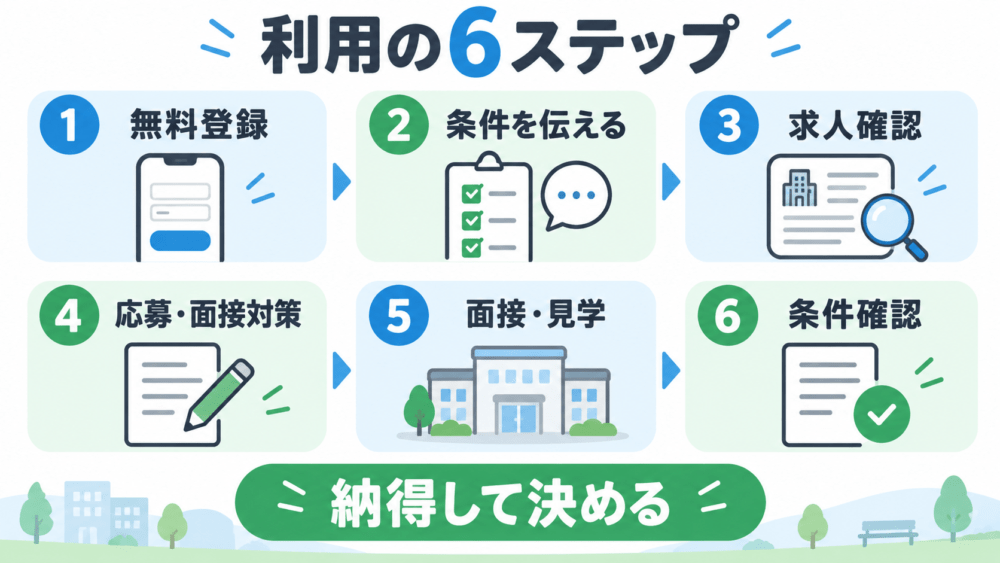 レバウェル介護を利用するときの流れ【6ステップ】を説明する画像