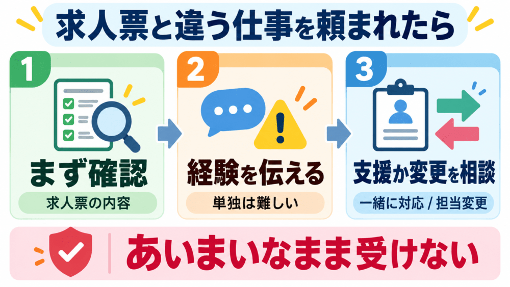 当日、求人票と違う仕事を頼まれたときの対応を説明する画像