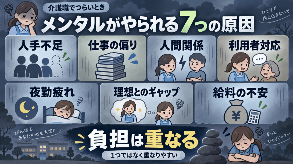 介護職でメンタルがやられる7つの原因を説明する画像