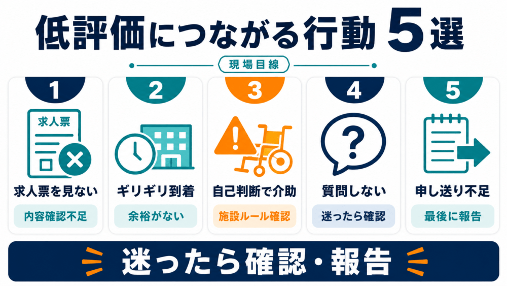 低評価につながる行動5選を説明する画像